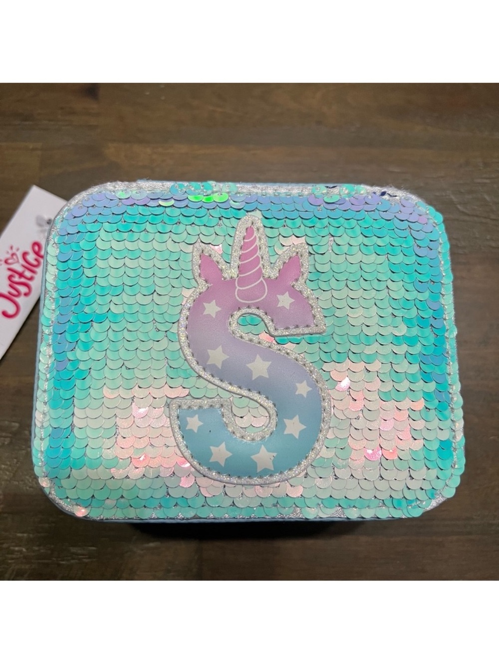 Justice flip sequin “S” unicorn initial mini portable jewelry box Zipper closure